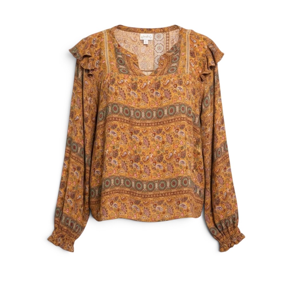 Wonderly Womens XL Mustard Yellow Paisley Ruffle Shoulder Ladder Lace Blouse